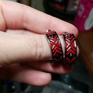 Red & Bronze Tone Hoop Earrings 1.1"